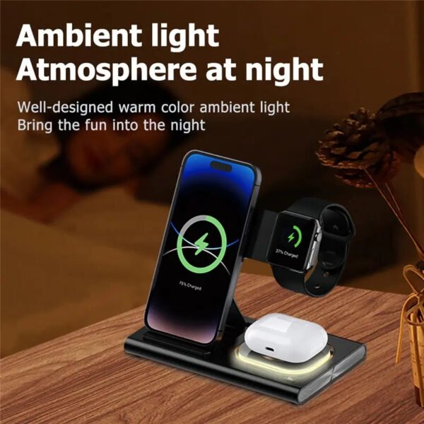 "4-in-1 Wireless Charger Stand Pad for iPhone 16, 15, 14, 13, 12, Samsung S24, S23, S22, iWatch/Galaxy Watch, AirPods | Fast Charging Dock Station | Dual Charging Coil | Foldable Travel Charger with Night Light - Image 3